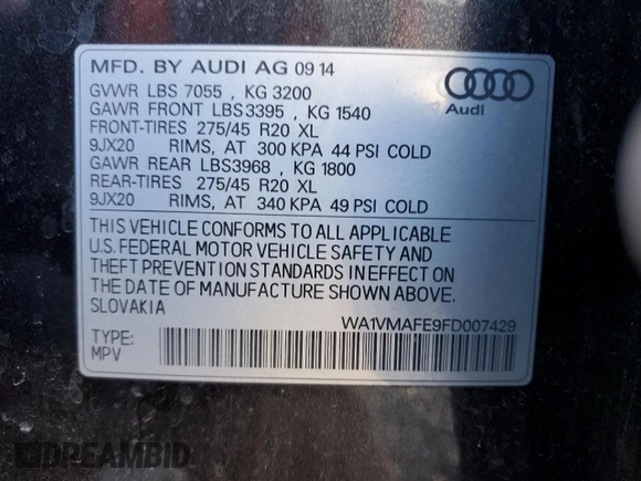 2015 Audi Q7 Prestige с VIN WA1VMAFE9FD007429, выставлен на аукционе Copart как лот 87861695 с пробегом 97 695 миль миль и Списание • Salvage title. История ставок и продаж доступна на DreamBid. Изображение 13.