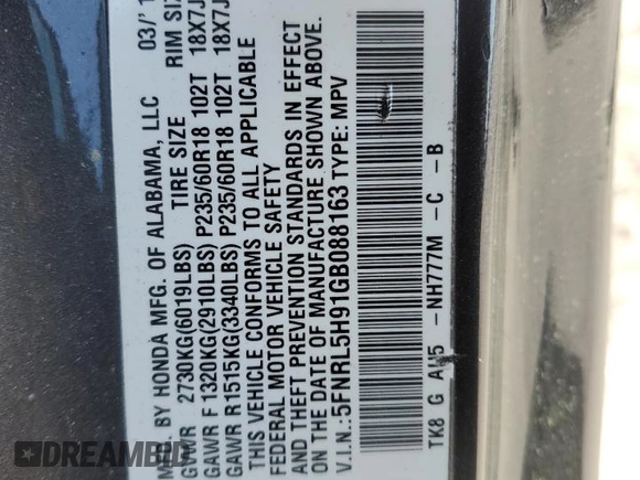 2016 Honda Odyssey Touring Elite with VIN 5FNRL5H91GB088163, listed as a Copart auction lot 50276495 with 197,274 mi miles and Salvage Title. Bid and sale history available at DreamBid. Image 13.