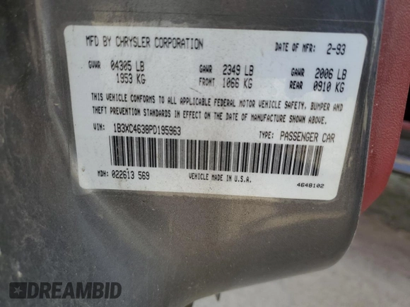 1993 Dodge Dynasty z VIN 1B3XC4638PD195963, wystawiony jako Copart lot #49120625 z przebiegiem 86 825 mil mil oraz Szkoda całkowita • Salvage title. Historia ofert i sprzedaży dostępna na DreamBid. Obrazek 15.