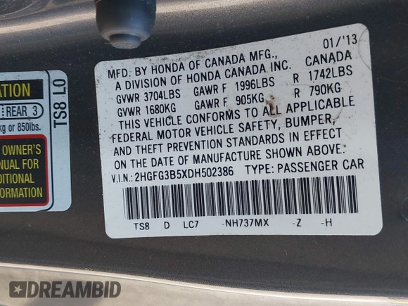 2013 Honda Civic Cpe LX with VIN 2HGFG3B5XDH502386, listed as a IAAI auction lot 42068372 with 204,360 mi miles. Bid and sale history available at carsss.com. Image 9.