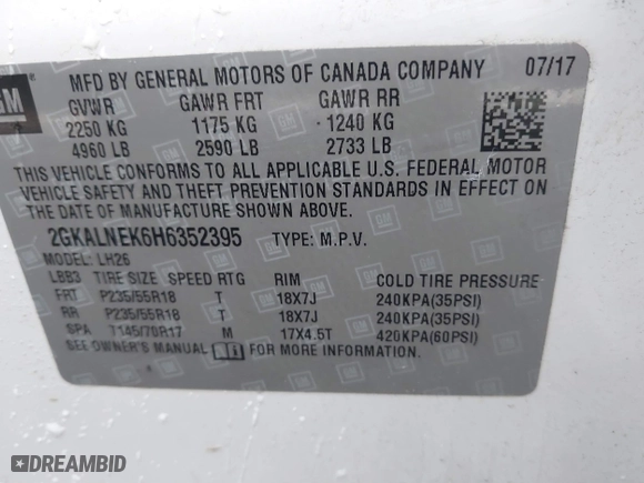 2017 GMC Terrain SLE with VIN 2GKALNEK6H6352395, listed as a IAAI auction lot 41852189 with 95,536 mi miles. Bid and sale history available at carsss.com. Image 9.