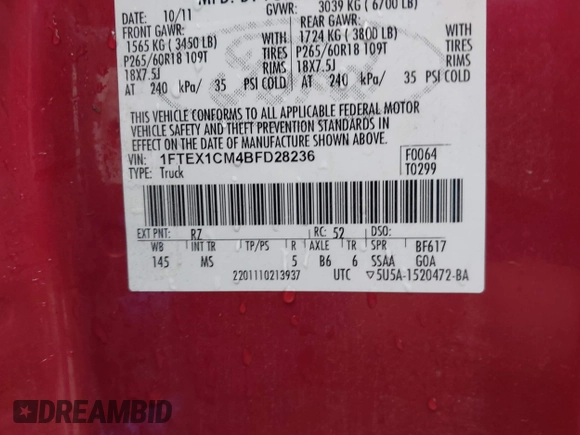 2011 Ford F-150 XL with VIN 1FTEX1CM4BFD28236, listed as a IAAI auction lot 42435237 with 210,008 mi miles and . Bid and sale history available at DreamBid. Image 9.