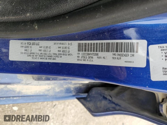 2015 Chrysler 200 S with VIN 1C3CCCBBXFN753586, listed as a Copart auction lot 51766945 with Not provided miles and Salvage title. Bid and sale history available at DreamBid. Image 13.