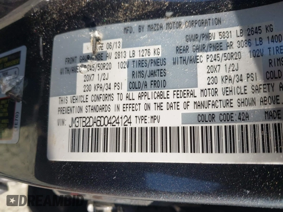 2013 Mazda CX-9 Grand Touring z VIN JM3TB2DA6D0424124, wystawiony jako IAAI lot #42032588 z przebiegiem 151 569 mil mil oraz . Historia ofert i sprzedaży dostępna na DreamBid. Obrazek 9.