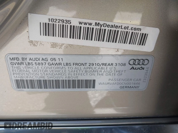 2012 Audi A8 z VIN WAURVAFD0CN001646, wystawiony jako IAAI lot #41524110 z przebiegiem 105 187 mil mil oraz . Historia ofert i sprzedaży dostępna na DreamBid. Obrazek 9.