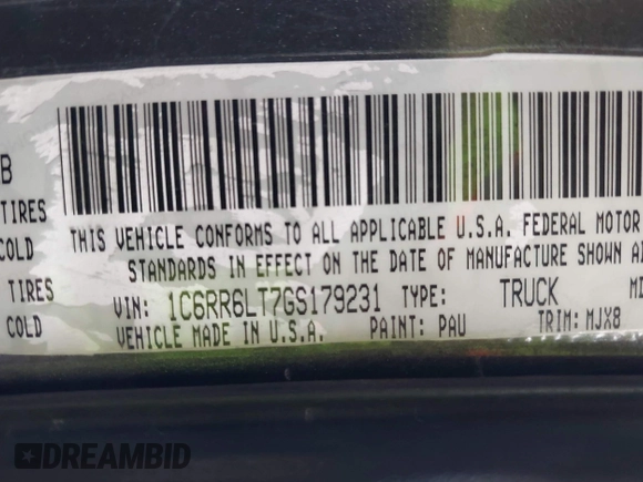 2016 Ram 1500 Big Horn with VIN 1C6RR6LT7GS179231, listed as a IAAI auction lot 42359028 with 183,761 mi miles and . Bid and sale history available at DreamBid. Image 9.