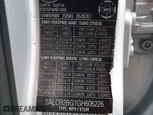 2016 Land Rover Discovery Sport HSE z VIN SALCR2BG1GH606226, wystawiony jako Copart lot #82922804 z przebiegiem 96 182 mil mil oraz Nie do naprawy • Non repairable. Historia ofert i sprzedaży dostępna na DreamBid. Obrazek 13.