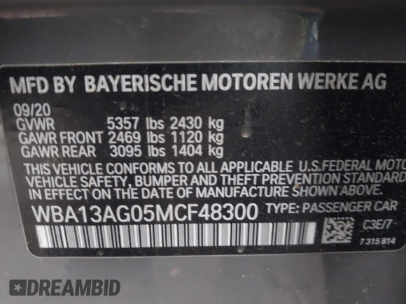 2021 BMW 5 Series 530e with VIN WBA13AG05MCF48300, listed as a IAAI auction lot 41735999 with 31,096 mi miles and . Bid and sale history available at carsss.com. Image 9.