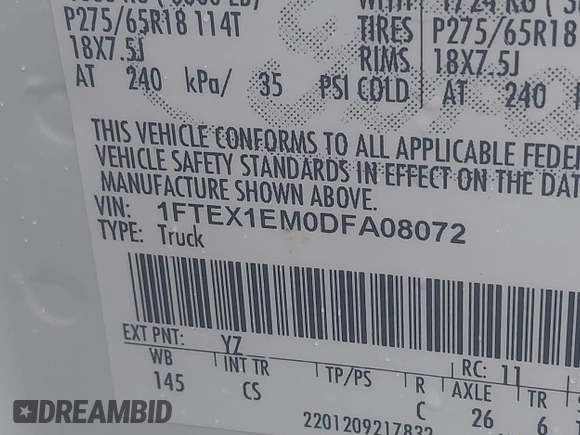 2013 Ford F-150 XL with VIN 1FTEX1EM0DFA08072, listed as a IAAI auction lot 41201636 with 105,745 mi miles and . Bid and sale history available at DreamBid. Image 9.
