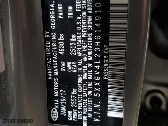 2017 Kia Optima SX Limited with VIN 5XXGV4L23HG149100, listed as a Copart auction lot 44431895 with 46,218 mi miles and Salvage Title. Bid and sale history available at carsss.com. Image 12.