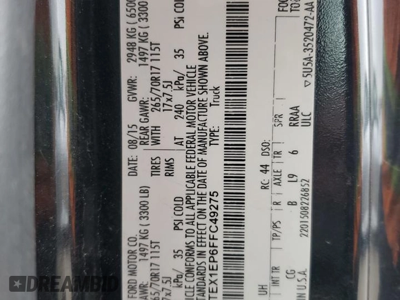 2015 Ford F-150 XLT with VIN 1FTEX1EP6FFC49275, listed as a Copart auction lot 52718955 with 135,666 mi miles and Salvage Title. Bid and sale history available at DreamBid. Image 12.
