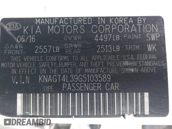 2016 Kia Optima LX with VIN KNAGT4L39G5103589, listed as a IAAI auction lot 41586470 with 104,351 mi miles and . Bid and sale history available at carsss.com. Image 9.
