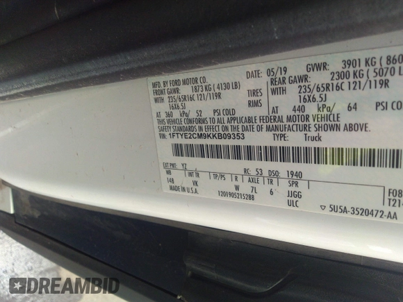 2019 Ford Transit with VIN 1FTYE2CM9KKB09353, listed as a IAAI auction lot 38121359 with 131,124 mi miles and . Bid and sale history available at DreamBid. Image 9.