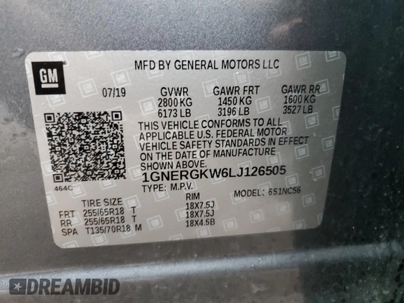 2020 Chevrolet Traverse LT Cloth with VIN 1GNERGKW6LJ126505, listed as a Copart auction lot 55295755 with 33,267 mi miles and Non repairable. Bid and sale history available at DreamBid. Image 14.