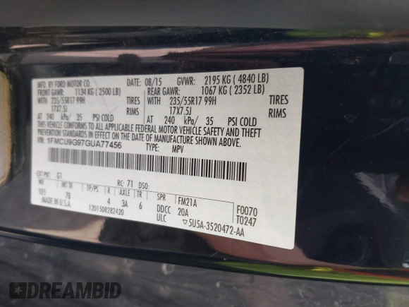2016 Ford Escape SE z VIN 1FMCU9G97GUA77456, wystawiony jako IAAI lot #42088983 z przebiegiem 160 718 mil mil oraz . Historia ofert i sprzedaży dostępna na DreamBid. Obrazek 9.