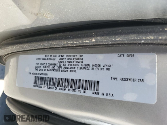 2004 Subaru Legacy Outback with VIN 4S3BH675147611061, listed as a Copart auction lot 56749265 with 205,432 mi miles and Salvage title. Bid and sale history available at DreamBid. Image 12.