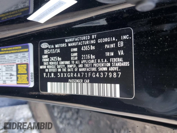 2015 Kia Optima SX z VIN 5XXGR4A71FG437987, wystawiony jako Copart lot #56657475 z przebiegiem 146 403 mil mil oraz Szkoda całkowita • Salvage title. Historia ofert i sprzedaży dostępna na DreamBid. Obrazek 13.