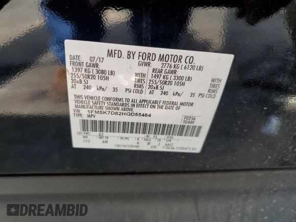 2017 Ford Explorer XLT with VIN 1FM5K7D82HGD55484, listed as a Copart auction lot 59171425 with 164,225 mi miles and Salvage title. Bid and sale history available at DreamBid. Image 15.