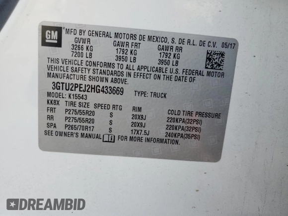 2017 GMC Sierra 1500 Denali z VIN 3GTU2PEJ2HG433669, wystawiony jako Copart lot #57460285 z przebiegiem 131 113 mil mil oraz Szkoda całkowita • Salvage title. Historia ofert i sprzedaży dostępna na DreamBid. Obrazek 13.