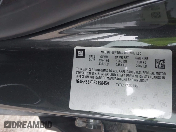 2015 Buick Verano with VIN 1G4PP5SK5F4190459, listed as a IAAI auction lot 41606646 with 99,764 mi miles. Bid and sale history available at carsss.com. Image 9.