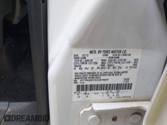 2012 Ford F-250 XL with VIN 1FT7W2BT3CEB76807, listed as a IAAI auction lot 41855308 with 185,518 mi miles and . Bid and sale history available at DreamBid. Image 9.
