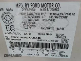 2007 Ford Escape Limited with VIN 1FMYU94167KA15448, listed as a Copart auction lot 57178795 with 301,759 mi miles and Salvage title. Bid and sale history available at DreamBid. Image 14.