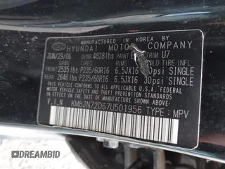 2007 Hyundai Tucson SE with VIN KM8JN72D67U501956, listed as a IAAI auction lot 41513205 with 165,071 mi miles and . Bid and sale history available at DreamBid. Image 9.