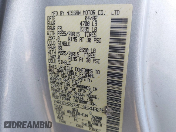 2002 Nissan Frontier XE с VIN 1N6DD26S72C364828, выставлен на аукционе IAAI как лот 41762165 с пробегом 132 430 миль миль и . История ставок и продаж доступна на DreamBid. Изображение 9.