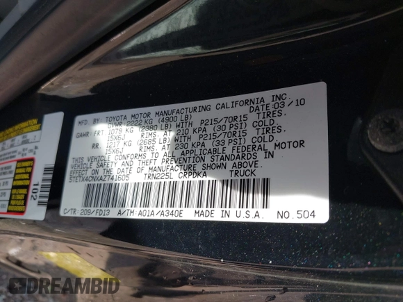 2010 Toyota Tacoma с VIN 5TETX4CNXAZ741605, выставлен на аукционе IAAI как лот 42163805 с пробегом 176 081 миль миль и . История ставок и продаж доступна на DreamBid. Изображение 9.