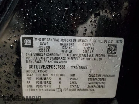2015 GMC Sierra 1500 SLT with VIN 3GTU2VEJ2FG507688, listed as a Copart auction lot 86627464 with Not Provided miles and Clean Title. Bid and sale history available at DreamBid. Image 12.