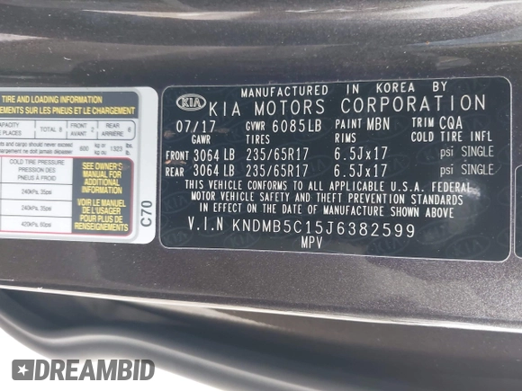 2018 Kia Sedona LX with VIN KNDMB5C15J6382599, listed as a IAAI auction lot 41964769 with 82,494 mi miles. Bid and sale history available at carsss.com. Image 9.
