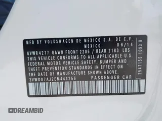 2014 Volkswagen Jetta SE with VIN 3VWD07AJ2EM444256, listed as a IAAI auction lot 42383287 with 99,654 mi miles and . Bid and sale history available at DreamBid. Image 9.