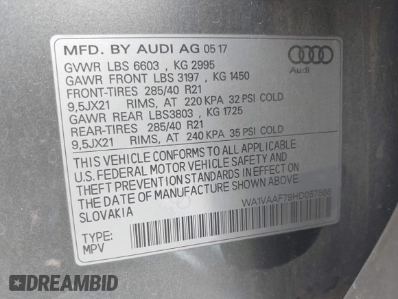 2017 Audi Q7 Prestige with VIN WA1VAAF79HD057566, listed as a IAAI auction lot 41172824 with 108,566 mi miles. Bid and sale history available at carsss.com. Image 9.