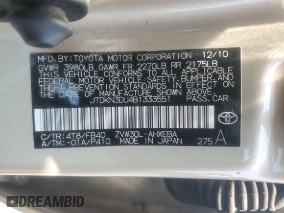 2011 Toyota Prius I with VIN JTDKN3DU4B1333551, listed as a Copart auction lot 60990605 with 142,414 mi miles and Clean title. Bid and sale history available at DreamBid. Image 12.