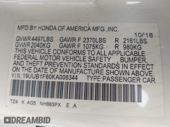 2019 Acura TLX w/A-Spec Pkg with VIN 19UUB1F60KA006344, listed as a IAAI auction lot 41429268 with 113,805 mi miles. Bid and sale history available at carsss.com. Image 9.