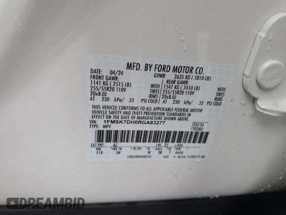 2024 Ford Explorer XLT with VIN 1FMSK7DH0RGA83277, listed as a Copart auction lot 47961435 with 7,448 mi miles and Salvage Title. Bid and sale history available at carsss.com. Image 13.