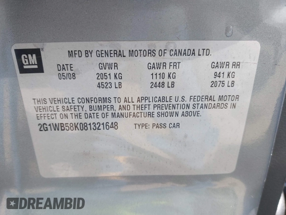 2008 Chevrolet Impala LS z VIN 2G1WB58K081321648, wystawiony jako IAAI lot #41784972 z przebiegiem 143 337 mil mil oraz . Historia ofert i sprzedaży dostępna na DreamBid. Obrazek 9.