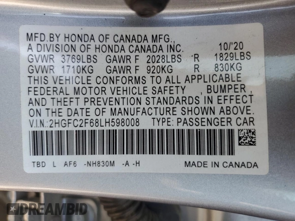 2020 Honda Civic LX z VIN 2HGFC2F68LH598008, wystawiony jako Copart lot #59290285 z przebiegiem 40 568 mil mil oraz Szkoda całkowita • Salvage title. Historia ofert i sprzedaży dostępna na DreamBid. Obrazek 13.
