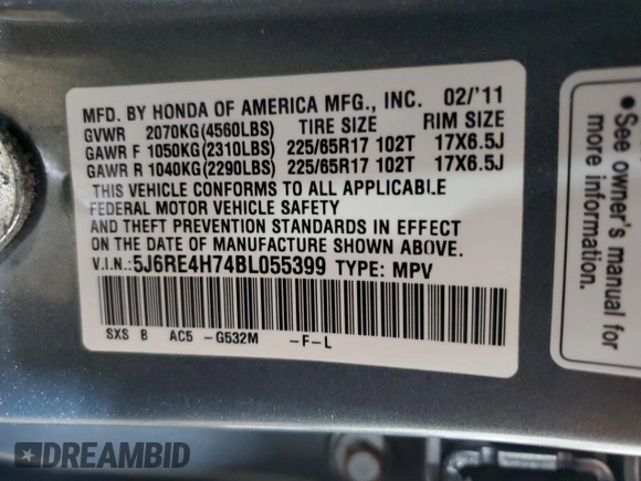 2011 Honda CR-V EX-L with VIN 5J6RE4H74BL055399, listed as a Copart auction lot 60172075 with 152,719 mi miles and Salvage title. Bid and sale history available at DreamBid. Image 13.