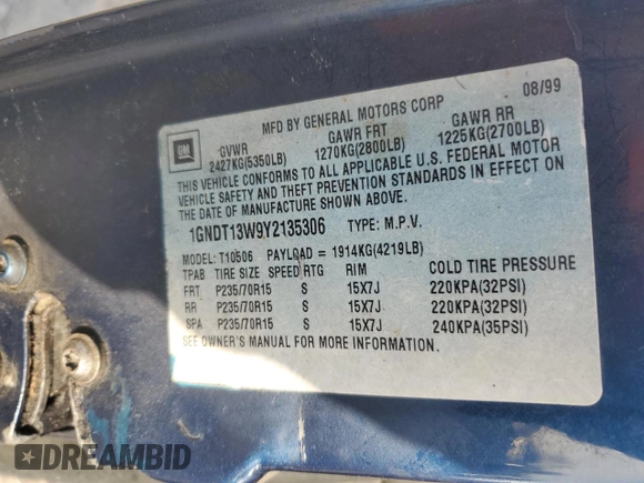 2000 Chevrolet Blazer LT z VIN 1GNDT13W9Y2135306, wystawiony jako Copart lot #47902155 z przebiegiem 152 008 mil mil oraz Szkoda całkowita • Salvage title. Historia ofert i sprzedaży dostępna na DreamBid. Obrazek 16.