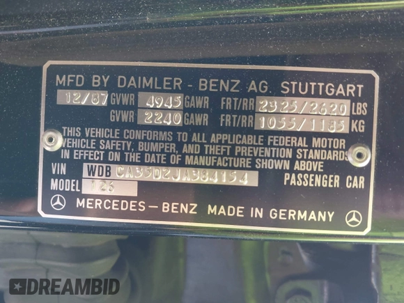 1988 Mercedes-Benz 420 Series 420SEL with VIN WDBCA35D2JA384154, listed as a IAAI auction lot 41950195 with 113,425 mi miles. Bid and sale history available at carsss.com. Image 9.
