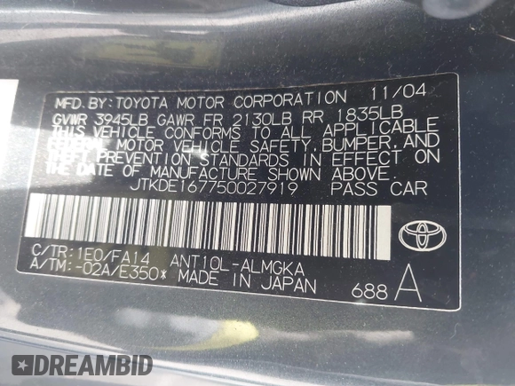 2005 Scion tC z VIN JTKDE167750027919, wystawiony jako IAAI lot #42047588 z przebiegiem 132 831 mil mil oraz . Historia ofert i sprzedaży dostępna na DreamBid. Obrazek 9.