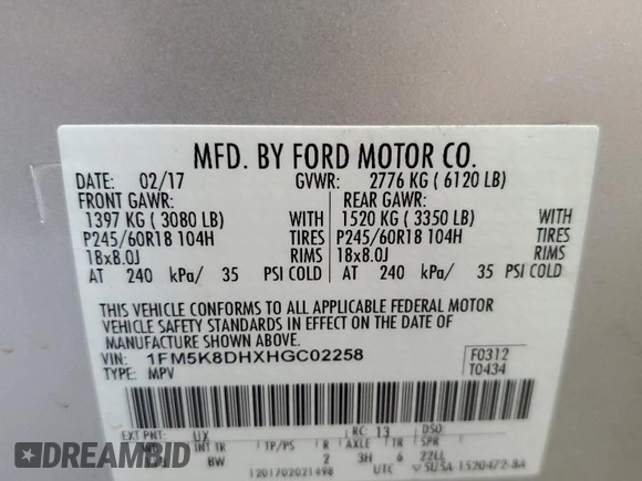 2017 Ford Explorer XLT with VIN 1FM5K8DHXHGC02258, listed as a Copart auction lot 55063895 with 111,488 mi miles and Salvage title. Bid and sale history available at DreamBid. Image 13.