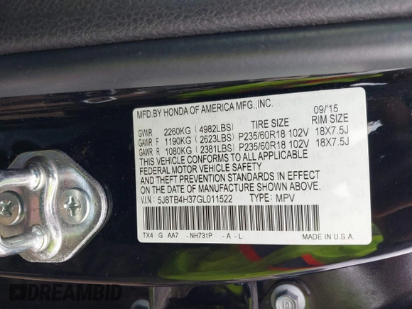 2016 Acura RDX with VIN 5J8TB4H37GL011522, listed as a IAAI auction lot 42597064 with 131,197 mi miles and . Bid and sale history available at DreamBid. Image 9.