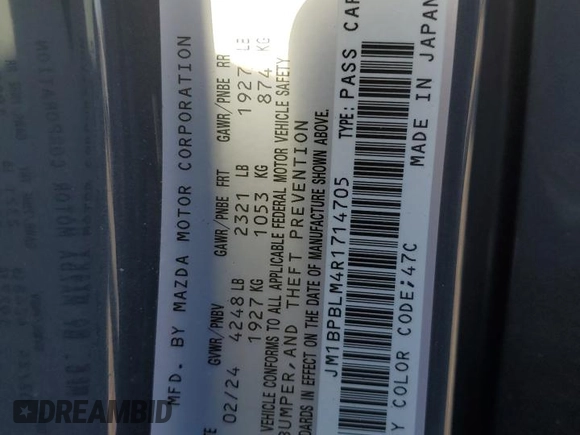 2024 Mazda 3 S Carbon Edition with VIN JM1BPBLM4R1714705, listed as a Copart auction lot 69140474 with 1,808 mi miles and Salvage Title. Bid and sale history available at DreamBid. Image 14.