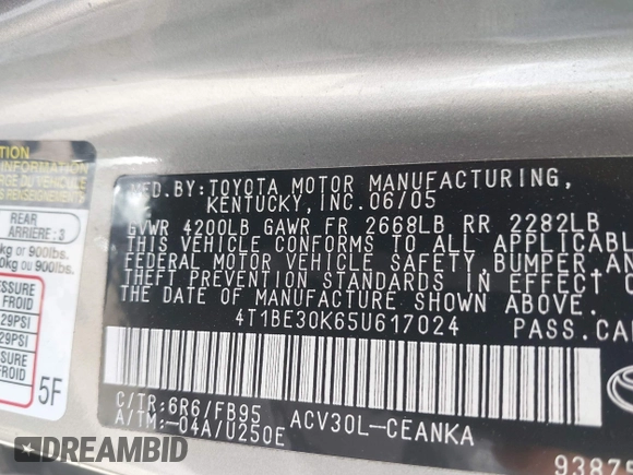 2005 Toyota Camry LE with VIN 4T1BE30K65U617024, listed as a IAAI auction lot 42159097 with 81,766 mi miles and . Bid and sale history available at DreamBid. Image 9.
