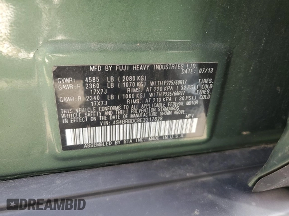 2014 Subaru Outback 2.5i Premium with VIN 4S4BRBDC8E3217828, listed as a Copart auction lot 68308874 with 161,499 mi miles and Salvage Title. Bid and sale history available at carsss.com. Image 14.