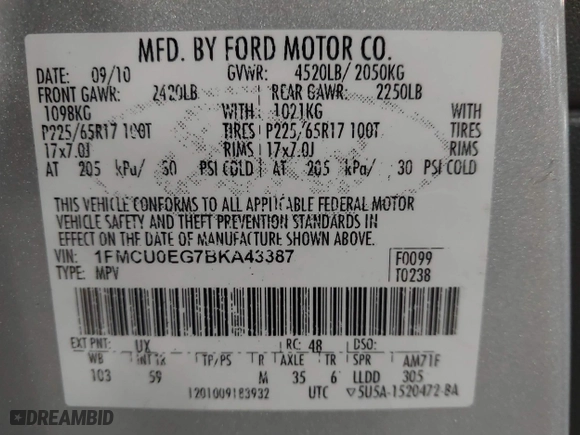 2011 Ford Escape Limited with VIN 1FMCU0EG7BKA43387, listed as a IAAI auction lot 41897571 with 224,780 mi miles. Bid and sale history available at carsss.com. Image 9.