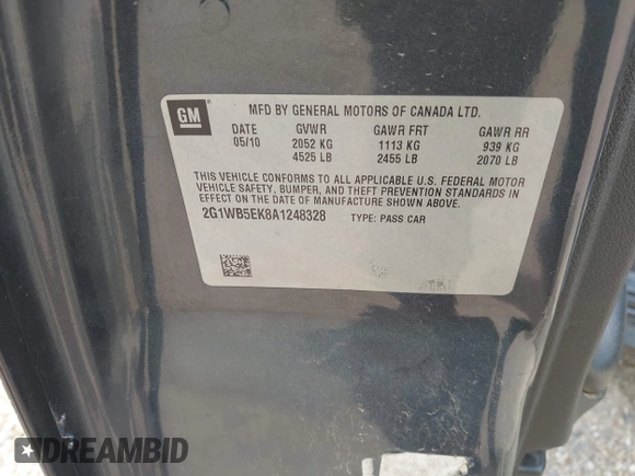 2010 Chevrolet Impala LT with VIN 2G1WB5EK8A1248328, listed as a IAAI auction lot 42112949 with 211,829 mi miles and . Bid and sale history available at DreamBid. Image 9.