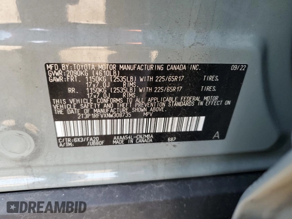 2022 Toyota RAV4 XLE with VIN 2T3P1RFVXNW308735, listed as a Copart auction lot 60435335 with 30,578 mi miles and Salvage title. Bid and sale history available at DreamBid. Image 13.